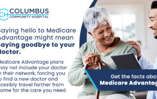 Saying hello to Medicare Advantage could mean saying goodbye to your doctor. Image of a doctor talking to a patient.