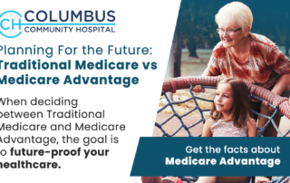 Grandmother playing with grandchild at the park. Headline reads: Planning for the future traditional Medicare vs. Medicare advantage