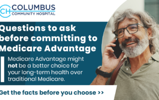 Older man smiling and talking on a cell phone. Headline reads: Questions to ask before committing to Medicare Advantage